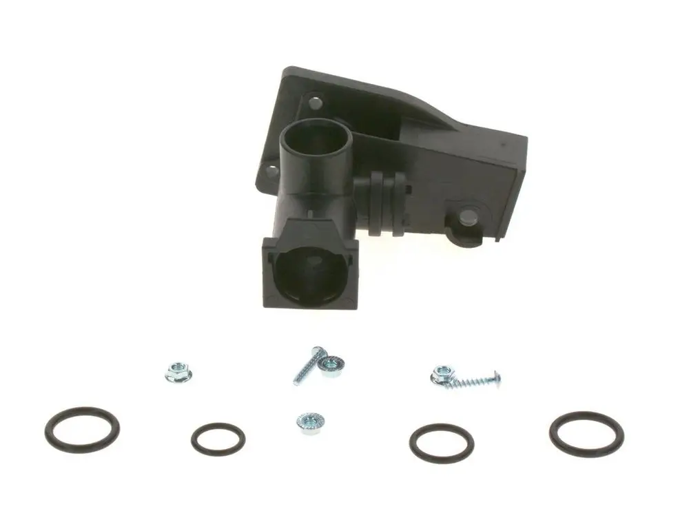 Schwarzes Kunststoffgehäuse mit Anschluss für einen Vorlauf-Bypass, begleitet von Schrauben und Dichtungsringen. Bosch-Produkt.